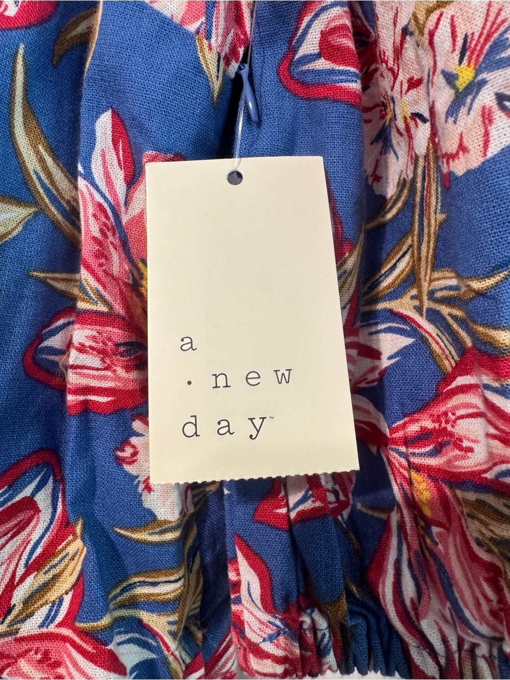 NWT A New Day L Blue Bold Floral Cotton Linen Puff Sleeve Mini Dress Pockets - Picture 3 of 10
